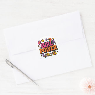 Colourful Retro Girl Power Classic Round Sticker