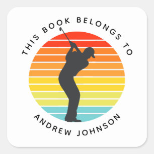 Colourful Retro Golfer Silhouette Name Bookplate Square Sticker