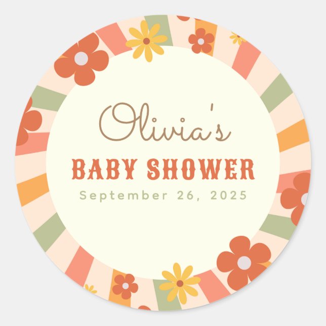 Colourful Retro Groovy Daisy Flower Baby Shower Classic Round Sticker (Front)