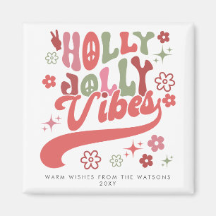 Colourful Retro Groovy Holly Jolly Vibes Holiday Magnet