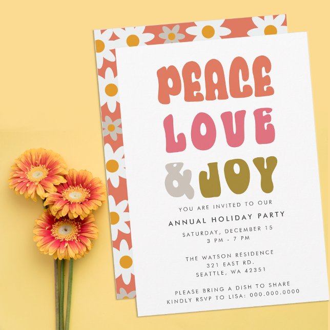 Colourful Retro Groovy Peace Love Joy Holiday Invitation (Colorful Retro Groovy Peace Love Joy Holiday Invitation)