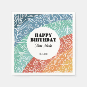 Colourful Retro Groovy Rainbow Floral Birthday Napkin