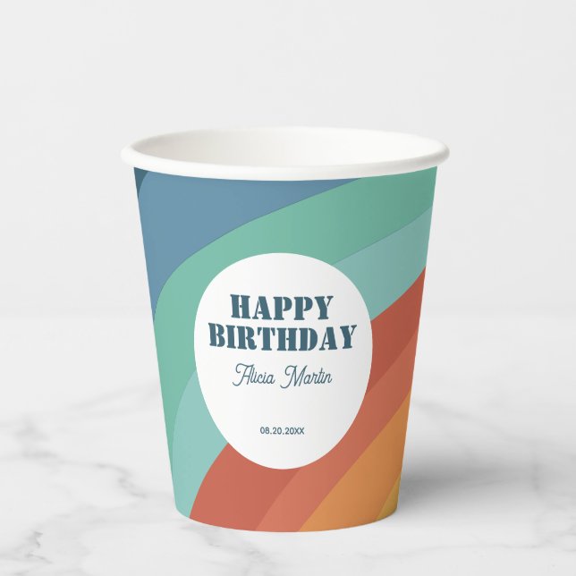 Colourful Retro Groovy Rainbow Happy Birthday Paper Cups (Front)