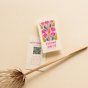 Colourful Retro Hand Drawn QR Code Floral Girly Business Card
