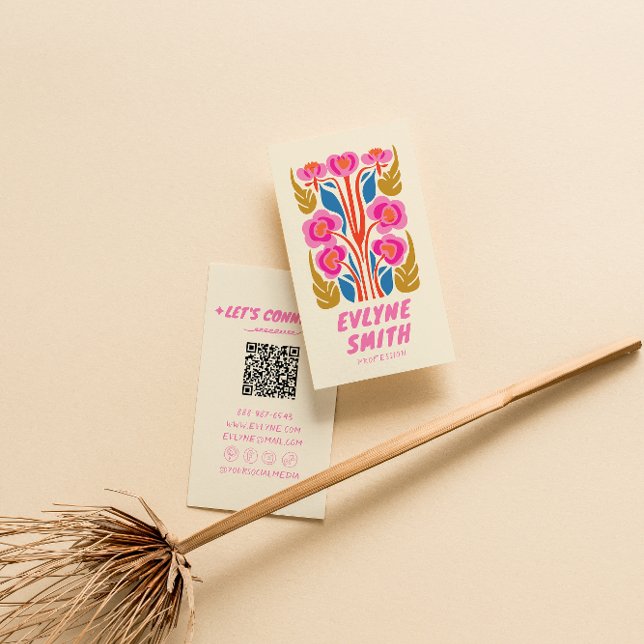 Colourful Retro Hand Drawn QR Code Floral Girly Business Card (Creator Uploaded)