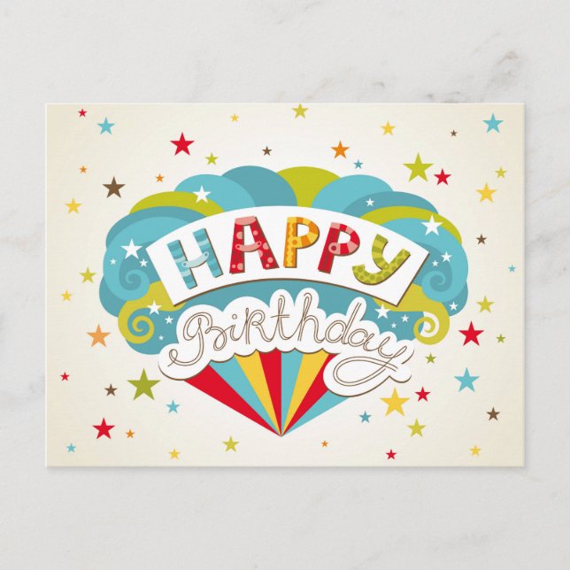 Colourful Retro Happy Birthday Stars Postcard (Front)