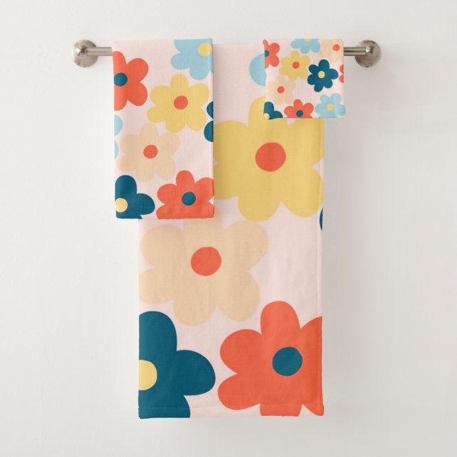 Colourful Retro Hippie Flower Pattern Bath Towel Set (Insitu)