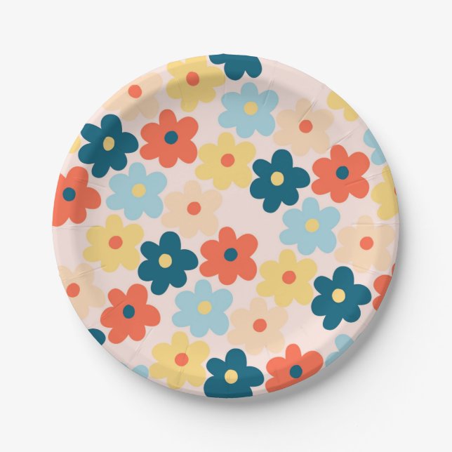 Colourful Retro Hippie Flower Pattern Paper Plate (Front)