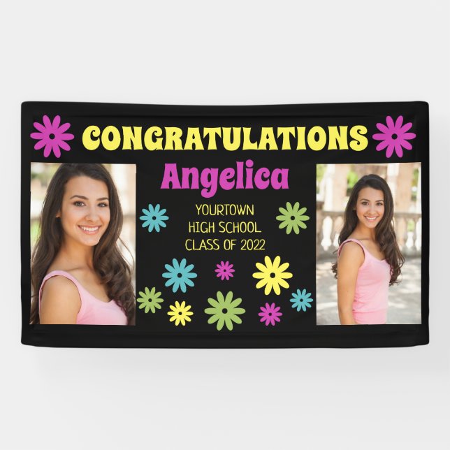 Colourful Retro Hippie Flowers 2 Photo Graduation  Banner (Horizontal)