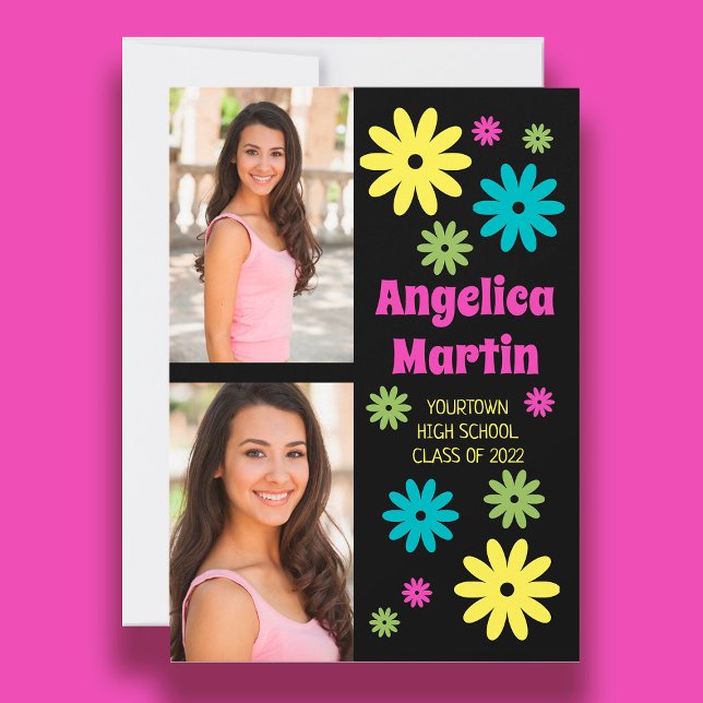 Colourful Retro Hippie Flowers 2 Photo Graduation Invitation (Creator Uploaded)
