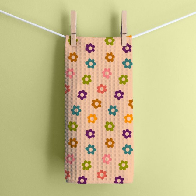 Colourful Retro Hippie Flowers on Cream Tea Towel (Creator Uploaded)