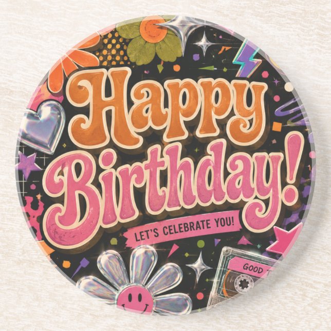 Colourful Retro-Inspired Design with Typography Coaster (Front)