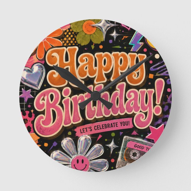 Colourful Retro-Inspired Design with Typography Round Clock (Front)