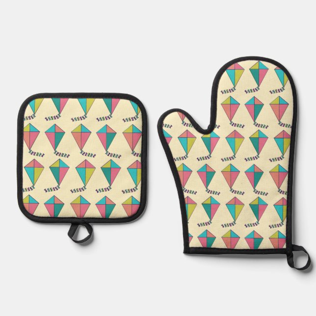 Colourful Retro Kite Pattern Oven Mitt & Pot Holder Set (Front)