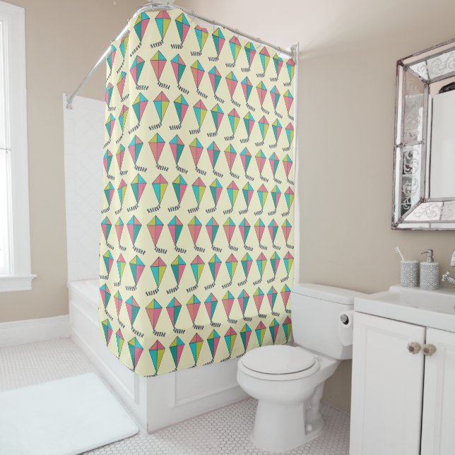 Colourful Retro Kite Pattern Shower Curtain (In Situ)