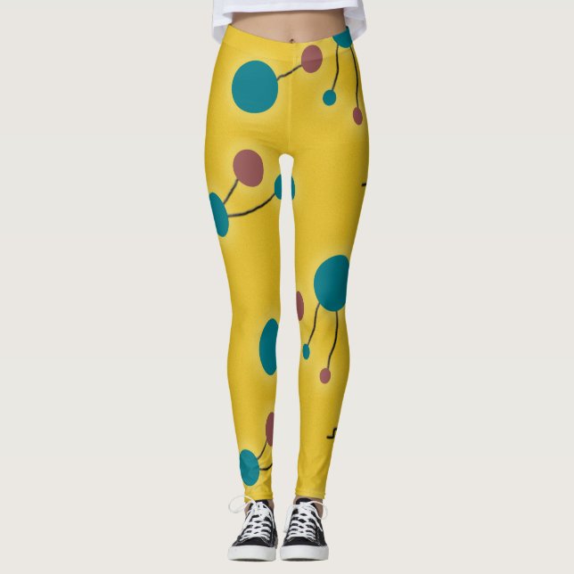 Colourful Retro Large Molecules Universe Red Leggings (Front)