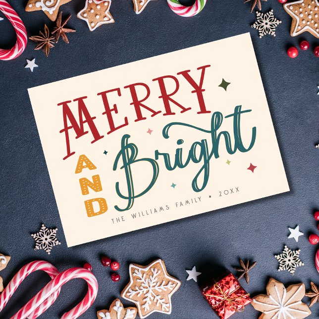 Colourful Retro Merry and Bright Christmas Holiday Card (Creator Uploaded)