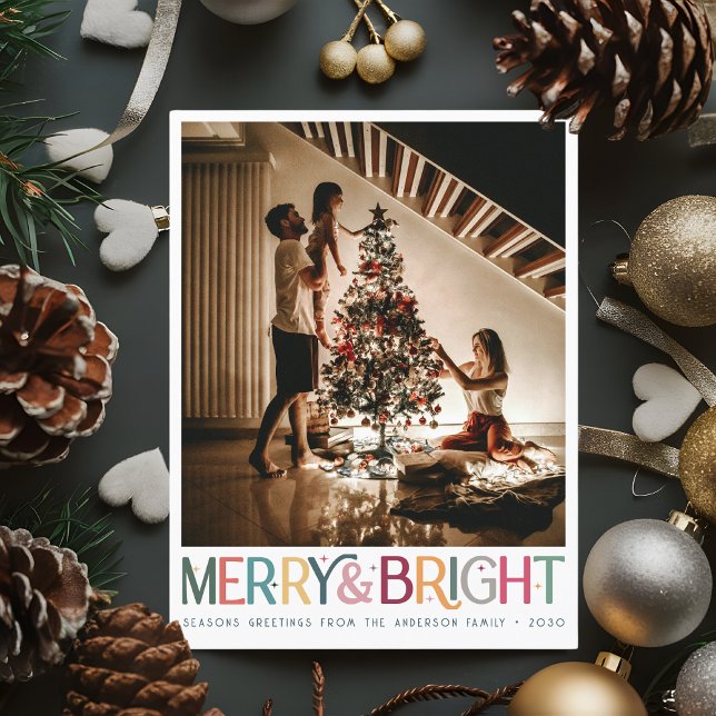 Colourful Retro Merry and Bright Cute Stars Holida Card (Creator Uploaded)