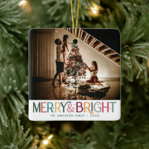 Colourful Retro Merry and Bright Cute Stars Holida Ceramic Ornament