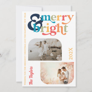 Colourful Retro Merry & Bright Christmas 2 Photos Holiday Card