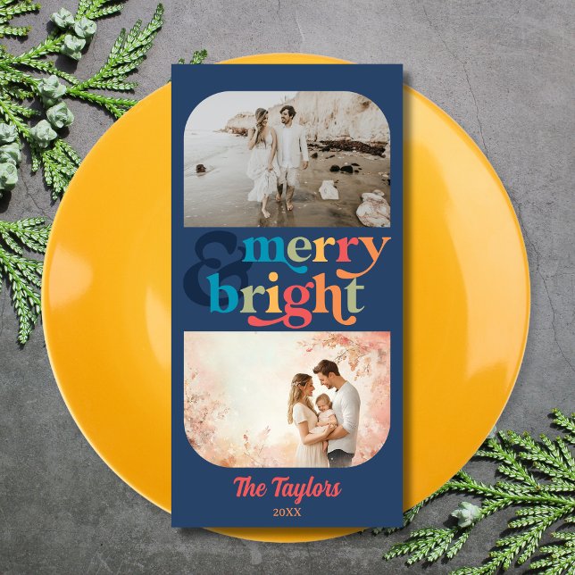 Colourful Retro Merry & Bright Christmas 2 Photos Holiday Card (Creator Uploaded)