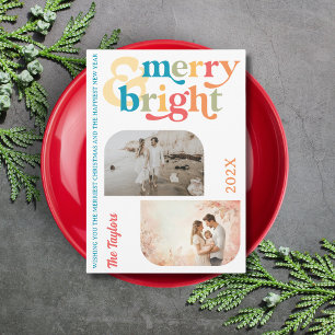 Colourful Retro Merry & Bright Christmas 2 Photos Holiday Card