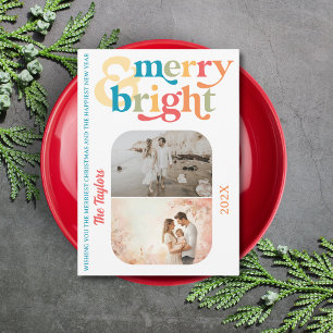 Colourful Retro Merry & Bright Christmas 2 Photos Holiday Card