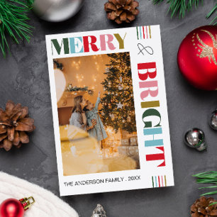 Colourful Retro Merry & Bright Christmas Photo Holiday Card
