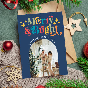 Colourful Retro Merry & Bright Christmas Photo Holiday Card