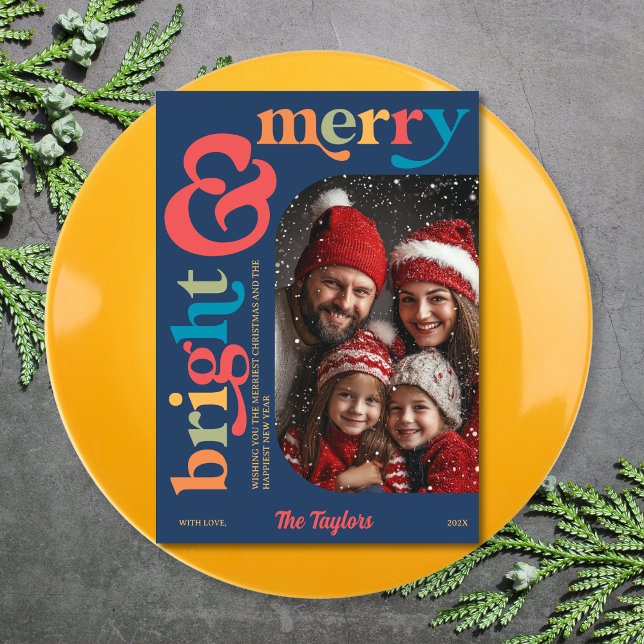 Colourful Retro Merry & Bright Christmas Photo Holiday Card (colorful retro "merry & bright" photo christmas card)
