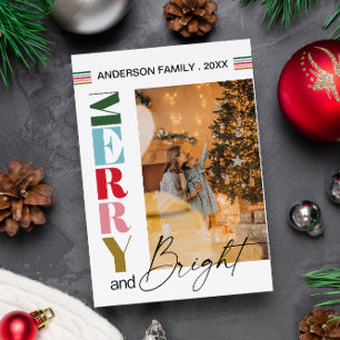 Colourful Retro Merry & Bright Christmas Photo  Holiday Card
