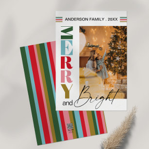 Colourful Retro Merry & Bright Christmas Photo  Holiday Card