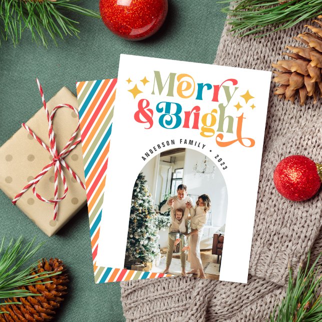 Colourful Retro Merry & Bright Christmas Photo Holiday Card (Creator Uploaded)