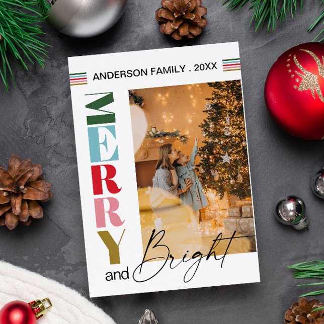 Colourful Retro Merry & Bright Christmas Photo  Magnetic Invitation (Creator Uploaded)