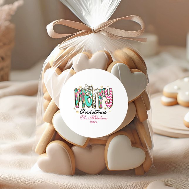 Colourful Retro  Merry Christmas Classic Round Sticker (Creator Uploaded)