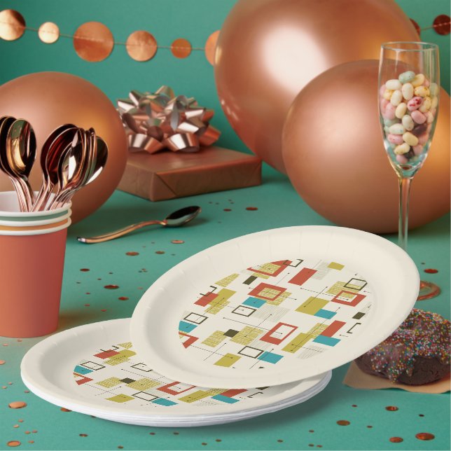 Colourful Retro Mid-Century Geometric Shapes Paper Plate (Multi)