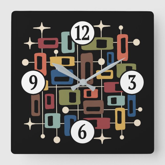 Colourful Retro Mid Century Modern Atomic Abstract Square Wall Clock (Front)