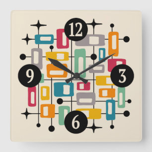 Colourful Retro Mid Century Modern Atomic Abstract Square Wall Clock