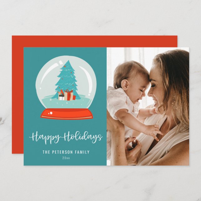 Colourful Retro Mid-century Modern Tree Snow Globe Holiday Card (Front/Back)
