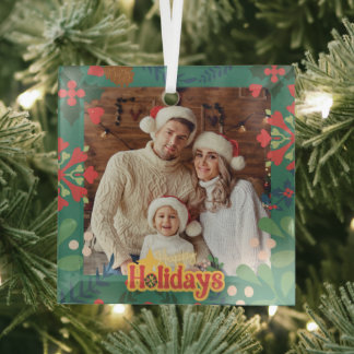 Colourful retro modern Christmas botanical card Glass Tree Decoration