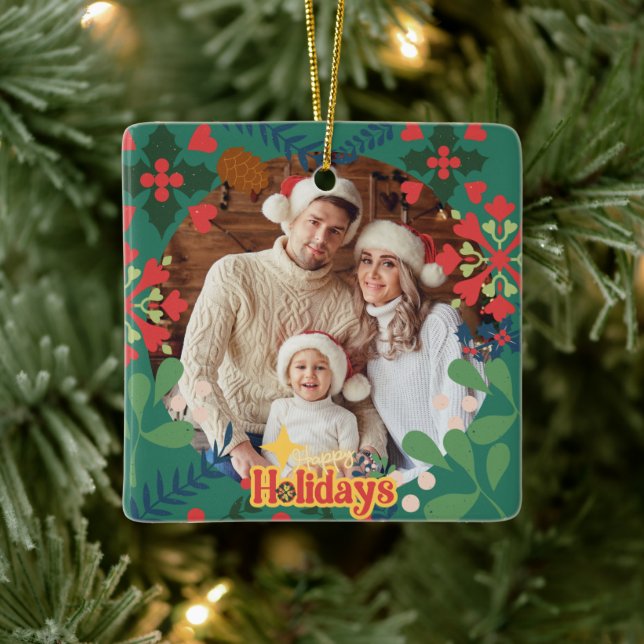 Colourful retro modern Christmas botanical  Ceramic Ornament (Tree)