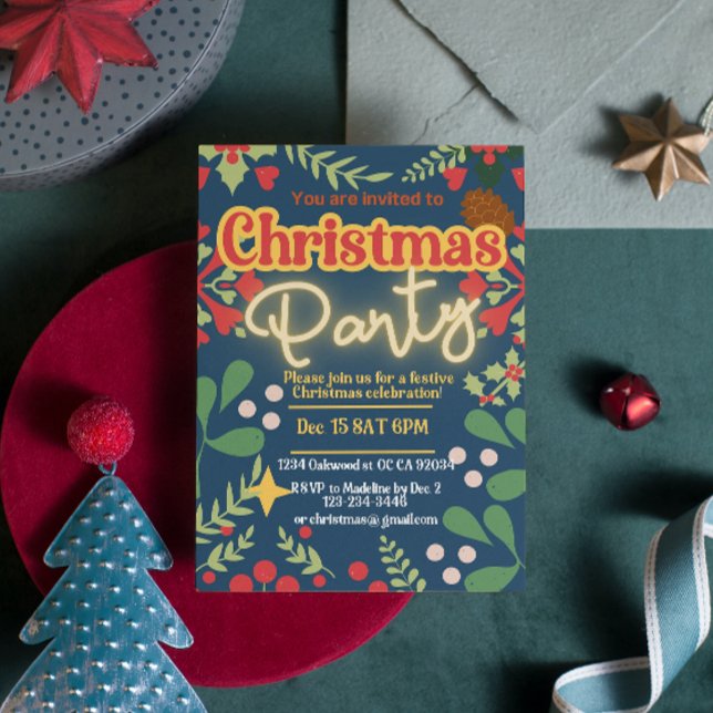 Colourful retro modern Christmas botanical Invitation (Creator Uploaded)