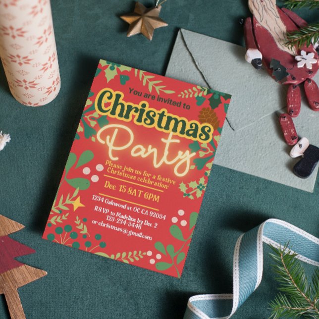 Colourful retro modern Christmas botanical Invitation (Creator Uploaded)