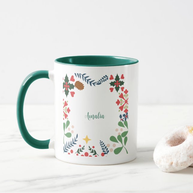 Colourful retro modern Christmas botanical  Mug (With Donut)