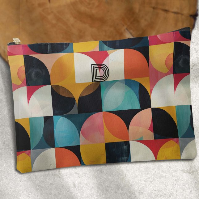 Colourful Retro Monogram Art, Geometric Pattern Accessory Pouch (Colorful retro geometric pattern with personalized monogram sling bag.)