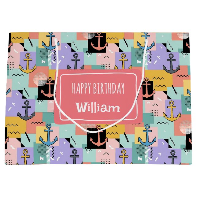 Colourful Retro Nautical Anchor Pattern Large Gift Bag (Front)