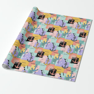 Colourful Retro Nautical Anchor Pattern Wrapping Paper