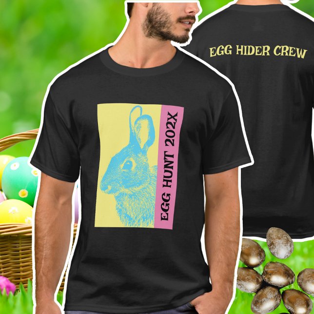Colourful Retro Official Egg Hunt Crew Easter T-Shirt (Egg Hunt Hider Retro Bunny Rabbit Customizable Text Black T-shirt sizes for everyone in your family)