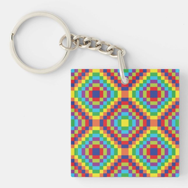 Colourful Retro Optical Illusion Geometric Rainbow Key Ring (Front)