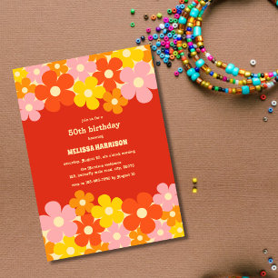 Colourful Retro  Orange Boho Flower 50th Birthday Invitation